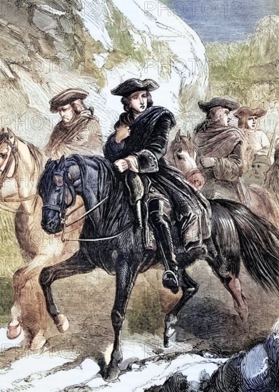 The retreat of Prince Charles. commonly known as Bonnie Prince Charlie or the Young Pretender. and the Jacobites pursued by King George II's son. the Duke of Cumberland. who caught up with them at the Battle of Culloden on April 16. 1746. England. digital reproduction of a historical original