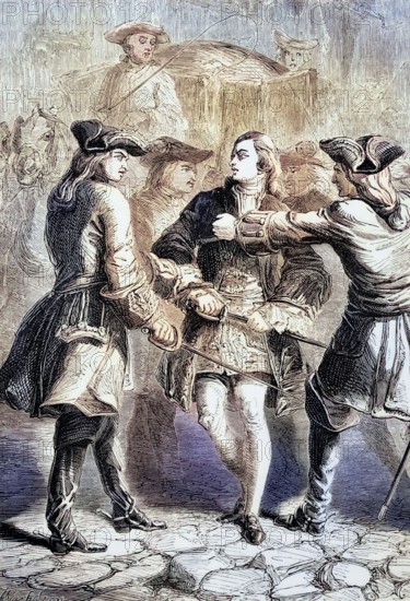 In 1748. the young pretender to the throne. Prince Charles. was arrested and expelled from France under the terms of the Treaty of Aix-la-Chapelle. which ended the war between Great Britain and France. Digital reproduction of a historical original.