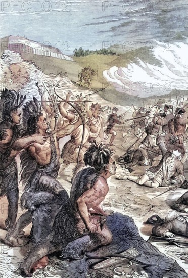 The death of General Edward Braddock. a British soldier and commander-in-chief of the 13 British colonies in North America. near the Monongahela River on July 9. 1755. He was killed at the beginning of the French and Indian War. which was part of the Seven Years' War between the colonies of British America and New France. digital reproduction of a historical original