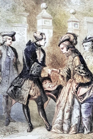 In August 1761. King George III met Princess Charlotte of Mecklenburg-Strelitz and married her two weeks later. England. digital reproduction of a historical model