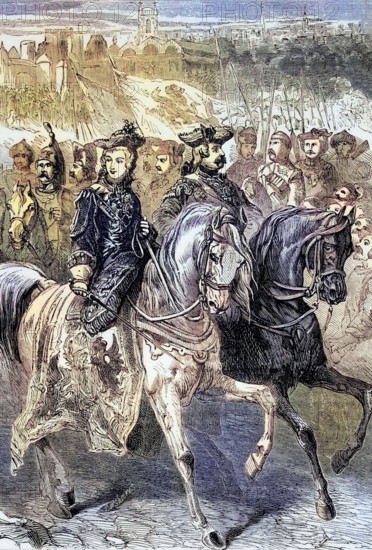 Catherine II. also known as Catherine the Great. in 1762 with her supporting army in St. Petersburg after taking the throne from her deposed and subsequently assassinated husband. King Peter II. Russia. digital reproduction of a historical original