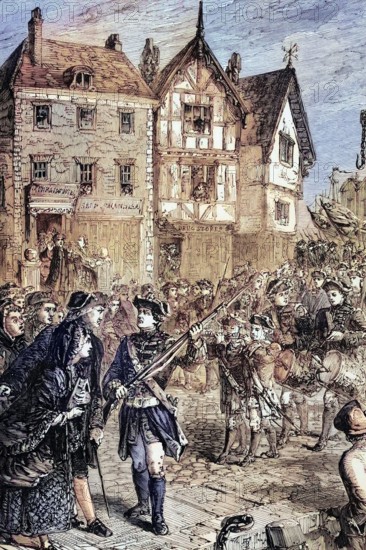 British troops march into Boston. the capital of the Province of Massachusetts Bay. in 1768 to protect and assist Crown-appointed colonial officials attempting to enforce unpopular parliamentary laws. digital reproduction of a historical original