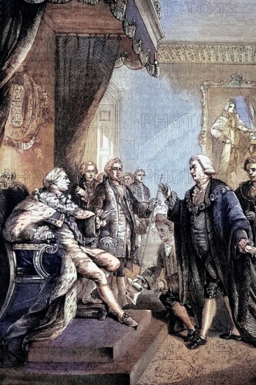 In March 1770. after the release of John Wilkes. Lord Major William Beckford publicly admonished George III. calling on the King to dissolve Parliament and dismiss his civil councils. England. digital reproduction of a historical original