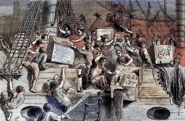 The Boston Tea Party was a political protest by the Sons of Liberty in Boston. in the British colony of Massachusetts. against the British government and the East India Company. which controlled all the tea imported into the colonies. On December 16. 1773. a group of colonists boarded the ships and destroyed the tea by throwing it into Boston Harbor. Digital reproduction of a historical original.