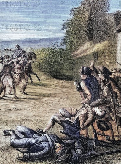 Skirmish at Lexington. the first military engagement of the American Revolutionary War. fought on April 19. 1775. This and later battles marked the outbreak of open armed conflict between the Kingdom of Great Britain and its thirteen colonies on the mainland of British North America. digital reproduction of a historical original