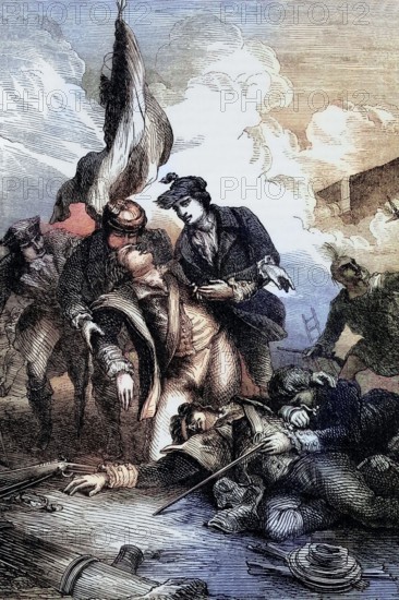 The death of General Richard Montgomery during the Battle of Quebec. fought on December 31. 1775. between the forces of the American Continental Army and the British defenders of Quebec City. He was an Irish-born soldier who served first in the British Army and then in the Continental Army. Digital reproduction of a historical original.