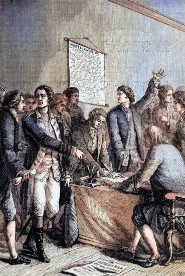 The signing of the American Declaration of Independence in the Pennsylvania State House. A declaration adopted by the Continental Congress on July 4. 1776. proclaiming that the thirteen American colonies. then at war with Great Britain. considered themselves independent states and were no longer part of the British Empire. Digital reproduction of a historical original.
