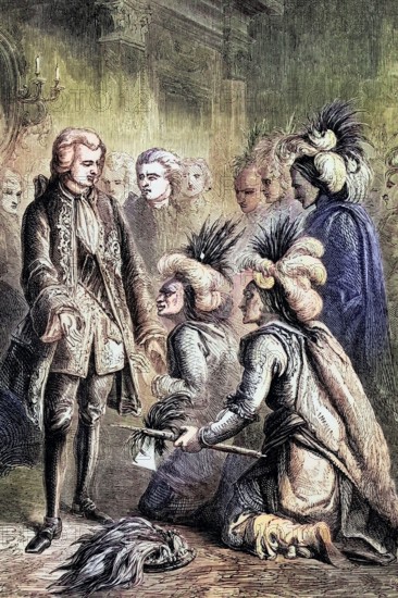 A group of visitors from the North American colonies at the court of George III in London. 1777. England. digital reproduction of a historical original