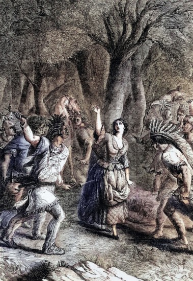 The abduction and murder of Jenny Macrea on July 27. 1777. by Native Americans accompanying General John Burgoyne on his march south from Canada. Her death prompted thousands of Americans in the northern colonies to rise up against British rule and contributed to the great American victory at the Battle of Saratoga later that year. which is considered a turning point of the American Revolution. Digital reproduction of a historical original.