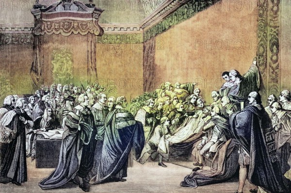 The collapse of the House of Lords under William Pitt the Elder. a British Whig statesman and prime minister who led Great Britain during the Seven Years' War. He died on May 11. 1778. England. Digital reproduction of a historical original.