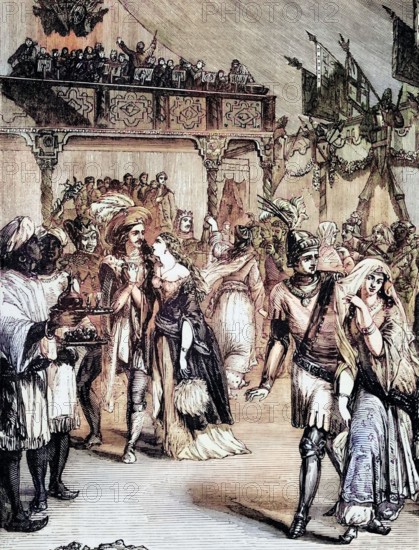 Costume ball in honor of General William Howe. 5th Viscount Howe. (10 August 1729 – 12 July 1814). a British army officer who rose to the position of Commander-in-Chief of the British Armed Forces during the American War of Independence. England. digital reproduction of a historical original