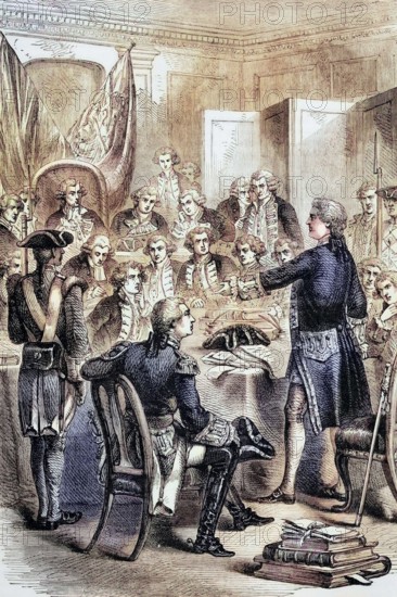 Admiral Augustus Keppel. Royal Navy officer during the American War of Independence. at his court marshal. The First Battle of Ushant against the French on July 27. 1778. ended most unsatisfactorily. due in part to Keppel's mismanagement. Digital reproduction of a historical original.