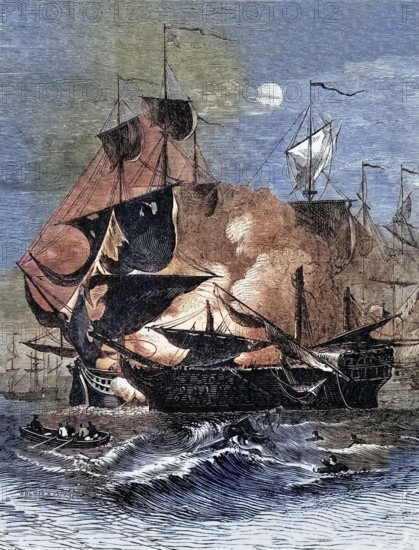 The Battle of Cape St. Vincent on 14 February 1797 was one of the opening battles of the Anglo-Spanish War (1796 to 1808). in which a British fleet under Admiral Sir John Jervis defeated a larger Spanish fleet under Admiral Don Jose de Córdoba near Cape St. Vincent in Portugal. England. digital reproduction of a historical original