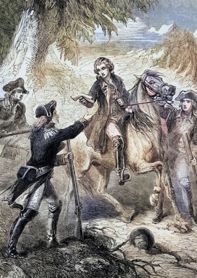 The arrest of Major John Andre on September 23. 1780. a British army officer who was hanged as a spy during the American Revolutionary War. for an incident in which he attempted to assist in the attempted surrender of the fort at West Point. New York. to the British. England. digital reproduction of a historical original
