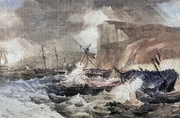 Shipwrecks during the Battle of Jersey on January 6. 1781. an attempt by France to capture Jersey and eliminate the threat the island posed to American shipping in the American Revolutionary War. digital reproduction of a historical original
