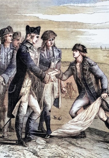 General George Washington accepts the white flag after the British surrender by Charles Cornwallis. Following the successful Siege of Yorktown. Virginia. on October 17. 1781. it ended the major fighting during the American Revolution. Digital reproduction of a historical original.