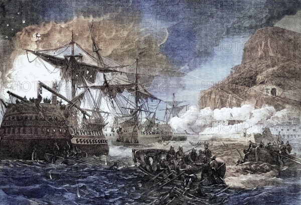 scene from the Great Siege of Gibraltar on 18 September 1782. an unsuccessful attempt by Spain and France to capture Gibraltar from the British during the American War of Independence. digital reproduction of a historical original