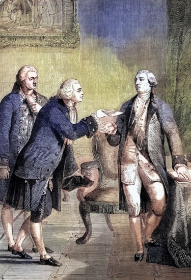 The presentation of John Adams. the appointed first American ambassador to Great Britain. to King George III at the Court of St. James. England. digital reproduction of a historical original