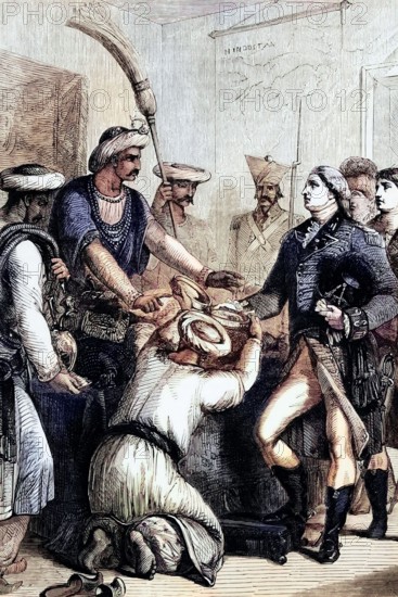 On August 12. 1765. Shah Alam II conferred the role of Diwan (tax collector) of Bengal. Behar. and Orissa on Lord Robert Clive in Benares. This act established the East India Company as the true sovereign ruler of thirty million people and generated revenues of four million pounds sterling. Digital reproduction of a historical document.