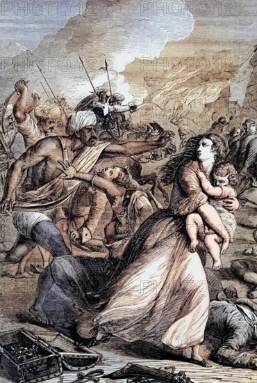 The troops of Tippoo Sahib or Tipu Sahib. Sultan of Mysore (1782 to 1799). plunder Madras in 1772. India. digital reproduction of a historical original