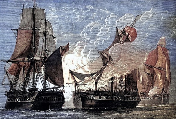 The Battle of Cuddalore was a battle between a British fleet under Admiral Sir Edward Hughes and a slightly smaller French fleet under the Bailli de Suffren off the coast of India near Cuddalore during the American War of Independence on 20 June 1783. after peace had been signed in Europe but before the news reached India. digital reproduction of a historical original