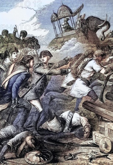 Sultan Hyder Ali Khan or Hyder Ali Sahib was the de facto ruler of the Kingdom of Mysore in South India. His troops were defeated by Sir Eyre Cootle on August 27. 1783. during the Second Mysore War in South India. India. digital reproduction of a historical original.