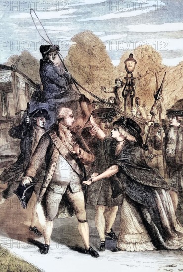 The assassination attempt on King George III in 1786 by the mentally ill Margaret Nicholson; the king survived. England. digital reproduction of a historical original