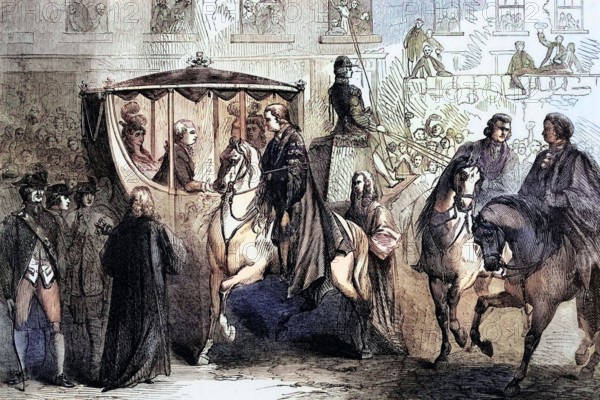 On his way to a Thanksgiving service at St. Paul's Cathedral in 1789. King George III receives the Civic Sword from the Lord Mayor of London. England. digital reproduction of a historical original