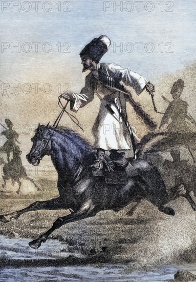 Cossack riders. of mixed ethnic origin from Turks. Tatars. Russians. Ukrainians and other peoples who settled in or migrated through the vast steppe stretching from Asia to Southern Europe. digital reproduction of a historical original