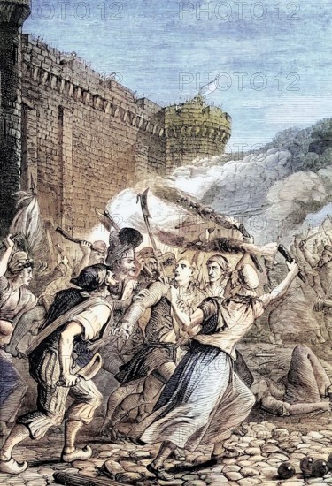 The storming of the Bastille by the Parisian revolutionaries on the morning of July 14. 1789. The fortress and prison represented royal authority in the center of Paris and its fall was the focal point of the French Revolution. digital reproduction of a historical original