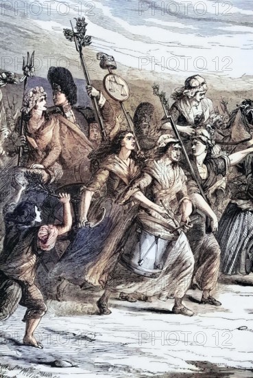 On the morning of October 5. 1789. high bread prices and bread shortages nearly led to a riot in the Parisian marketplaces. Thousands of women marched to Versailles. This riot became known as the Women's March on Versailles. France. Digital reproduction of a historical original.