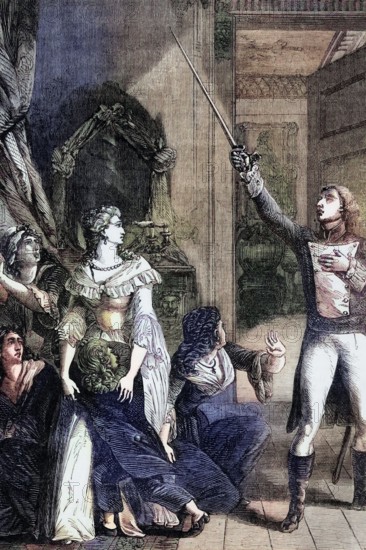 At dawn on October 5. 1789. the day of the Women's March on Versailles. a crowd invaded the palace. Marie Antoinette fled to the king's chambers. where the Marquis de Lafayette. a general in the American Revolutionary War and leader of the Garde Nationale during the French Revolution. saved her life. Digital reproduction of a historical original.