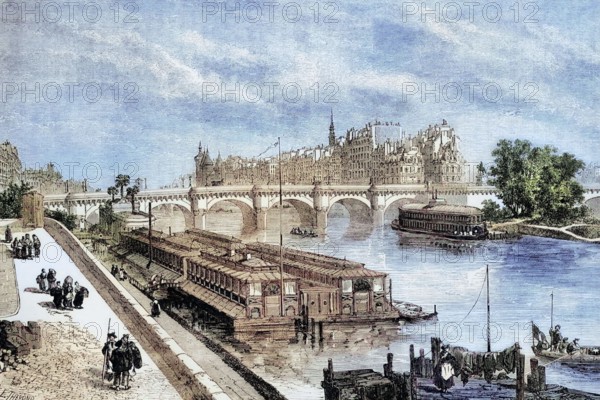 A view of the Seine and the Pont Neuf in Paris. 1840. France. digital reproduction of a historical original