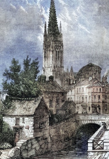 Fontenay-Le-Comte is a commune in the Vendee department in the Pays de la Loire region of France and was the scene of the Vendee War (1793 to 1796). a royalist uprising and a counter-revolution during the Vendee uprising (1793). digital reproduction of a historical original