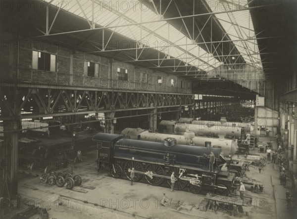 Locomotives under construction at the Ansaldo workshops in the Sanpierdarena district of Genoa.