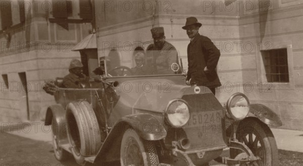 Officers of the First Army posing in a car. 1919