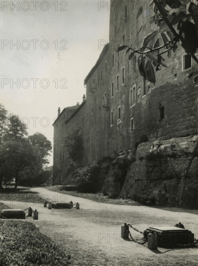 Buonconsiglio Castle in Trento and, in the foreground, the areas where Cesare Battisti, Fabio Filzi and Damiano Chiesa were executed. after July 1916 and before 1928