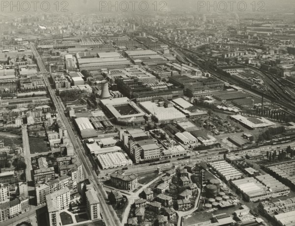 Aerial view of the Pirelli factories in the Bicocca area of Milan.. ca. 1960