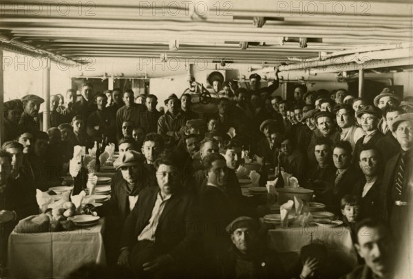 The third-class dining hall of the ocean liner Conte Verde