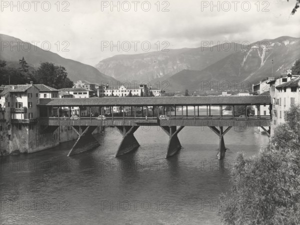 View of Bassano del Grappa with the bridge over the Brenta River.