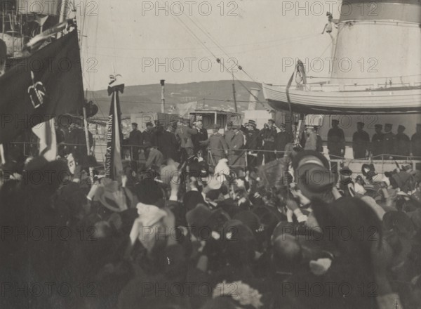 King Victor Emmanuel III disembarks in Trieste from the destroyer Audace.