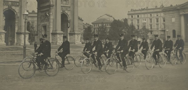 Civic guards cyclists going to take up service. 1905