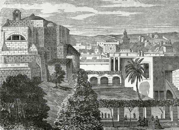 Almeria, Andalusia, Spain. View of St. Peter's Church and the Cathedral. Drawing by Letre. Engraving by Sierra. Cronica General de Espana, Historia Ilustrada y Descriptiva de sus Provincias (General Chronicle of Spain, Illustrated and Descriptive History of its Provinces), Andalucia, 1869.