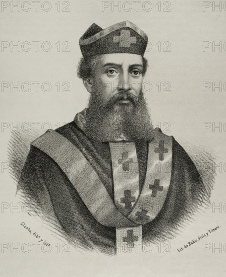 Saint Indaletius. Tradition identifies him as a 1st century Christian missionary, one of the Seven Apostolic Men. Portrait. Drawing by Llanta. Lithography. ""Cronica General de Espana, Historia Ilustrada y Descriptiva de sus Provincias. Andalucia"", 1869.