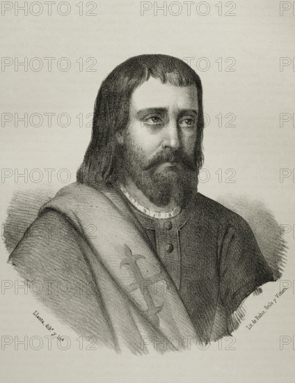 Juan de Carvajal (Juan Alfonso de Carvajal) (d. 1312). Castilian knight and commander of the Order of Calatrava. Servant of King Ferdinand IV of Castile. Condemned to death with his brother Pedro Alfonso by the king himself in 1312. Portrait. Drawing by Llanta. Lithography. ""Cronica General de Espana, Historia Ilustrada y Descriptiva de sus Provincias. Andalucia"", 1869.