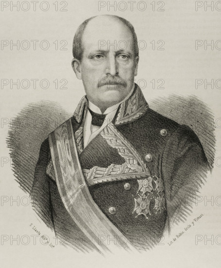Francisco Serrano y Dominguez (1810-1885). 1st Duke of la Torre, Grandee of Spain, Count of San Antonio. Spanish general and statesman. Prime Minister of Spain (1868–1869) and regent (1869–1870). Portrait. Drawing by Llanta. Lithography. ""Cronica General de Espana, Historia Ilustrada y Descriptiva de sus Provincias. Andalucia"", 1869.