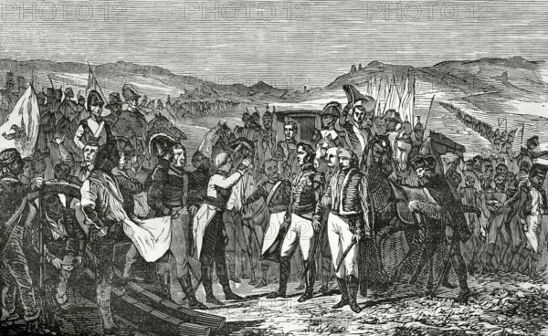 Peninsular War. Battle of Bailen. First victory of the Spanish army led by General Castanos (19 July 1808). ""The Surrender of Bailen"". The Generals Francisco Javier Castanos (1756-1851) and Pierre Antoine Dupont (1765-1838). Engraving after the painting by Jose Casado del Alisal. Cronica General de Espana, Historia Ilustrada y Descriptiva de sus Provincias (General Chronicle of Spain, Illustrated and Descriptive History of its Provinces), Andalucia, 1869.