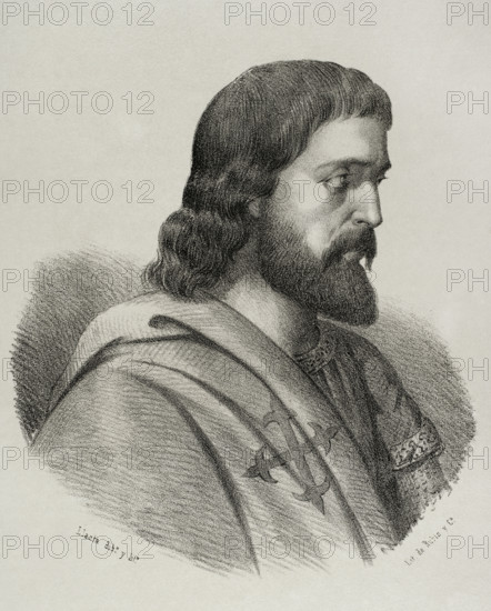 Pedro Alfonso de Carvajal (d. 1312). Castilian knight and commander of the Order of Calatrava. Servant of King Ferdinand IV of Castile. Condemned to death with his brother Juan Alfonso by the king himself in 1312. Portrait. Drawing by Llanta. Lithography. ""Cronica General de Espana, Historia Ilustrada y Descriptiva de sus Provincias. Andalucia"", 1869.