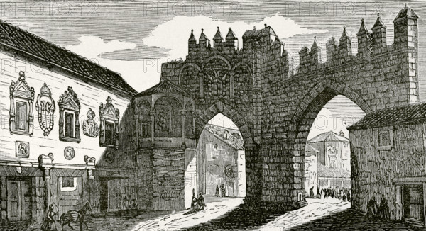 Baeza, province of Jaen, Andalusia, Spain. Gate of the Virgen del Populo. Engraving. Cronica General de Espana, Historia Ilustrada y Descriptiva de sus Provincias (General Chronicle of Spain, Illustrated and Descriptive History of its Provinces), Andalucia, 1869.