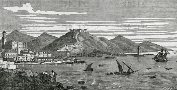 Malaga, Andalusia, Spain. Panoramic view of the city from El Espigon. Drawing by Letre. Engraving by Sierra. Cronica General de Espana, Historia Ilustrada y Descriptiva de sus Provincias (General Chronicle of Spain, Illustrated and Descriptive History of its Provinces), Andalucia, 1869.